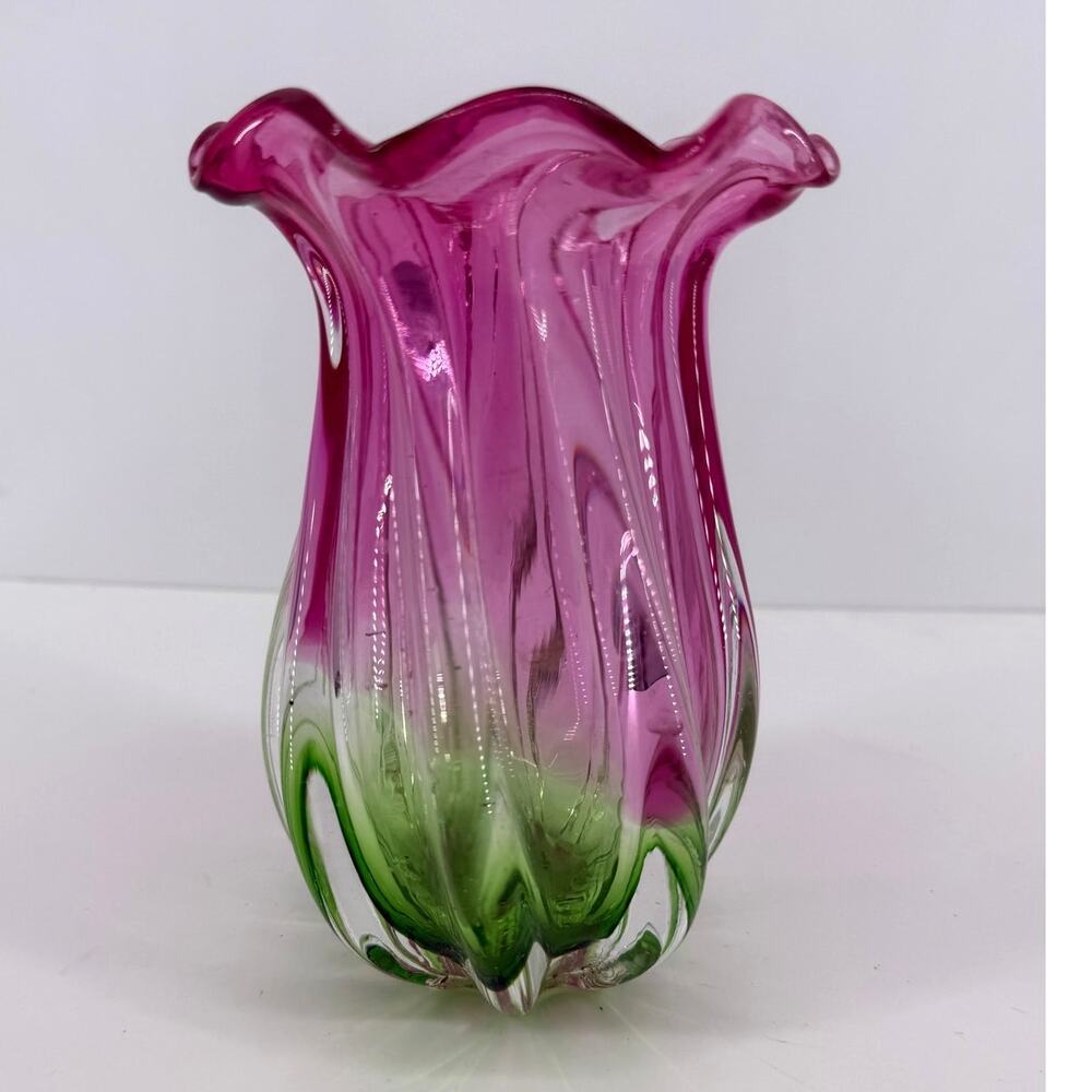 Pink Green Art Glass Ruffled Tulip Vase Swirl Ribbed Heavy Decorative 7.5"
